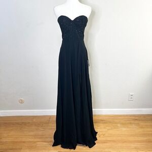 Lulus Black Strapless Beaded Corset Sweetheart Chiffon Maxi Formal Dress Size S